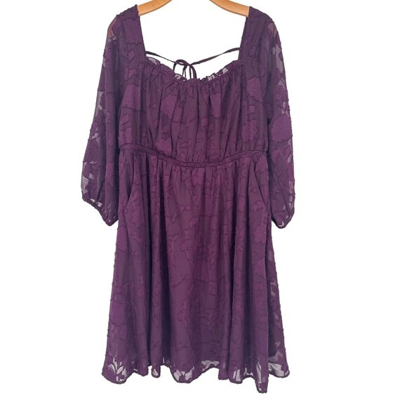 Torrid 0 Womens Purple Floral Textured Chiffon Dress 3/4 Sleeves Size Large - Picture 2 of 8